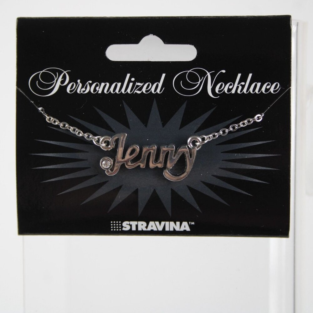 JENNY Name Silvertone Rhinestone 14.5" w 4.5" Multi Ring Ext Necklace